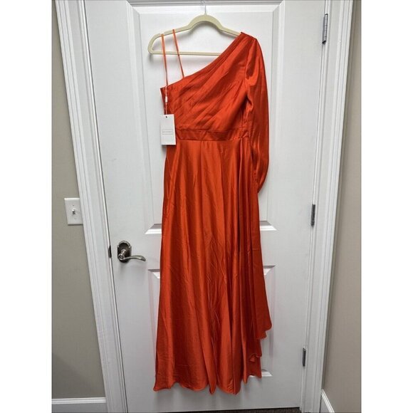 Mac Duggal Size 8 Orange One-Shoulder Satin High Low Prom Cocktail Gown Dress - Picture 7 of 9